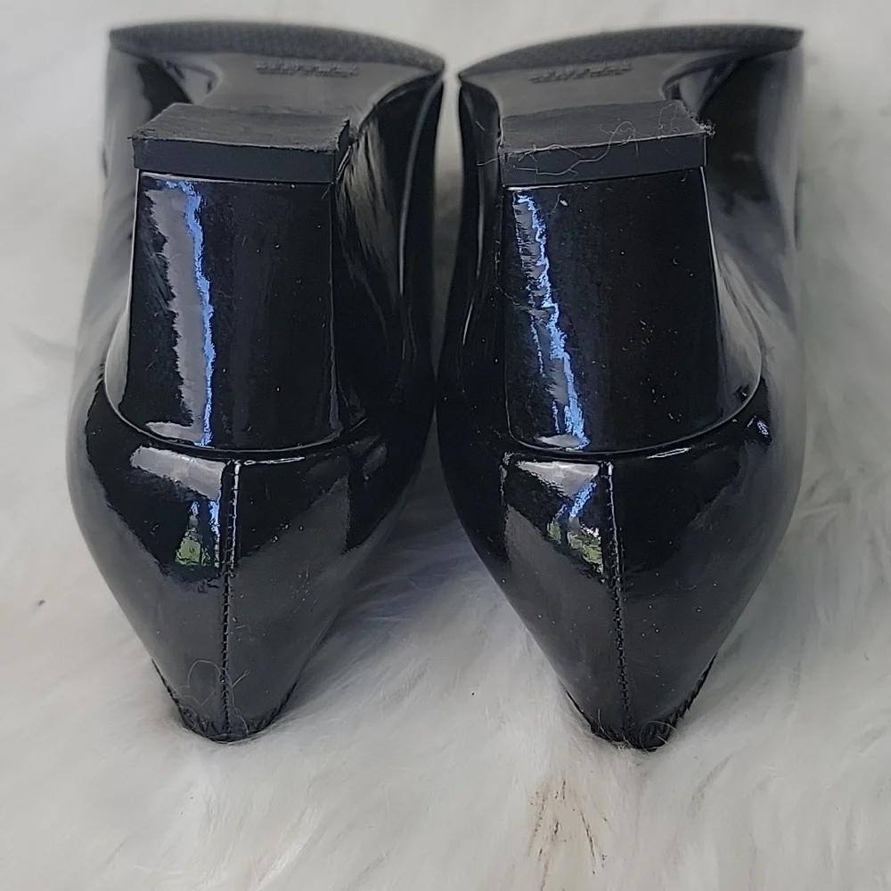 STUART WEITZMAN Madam Bow Black Patent Metal‎ Bow Wedge Party Office Heels 8.5N - Picture 7 of 12